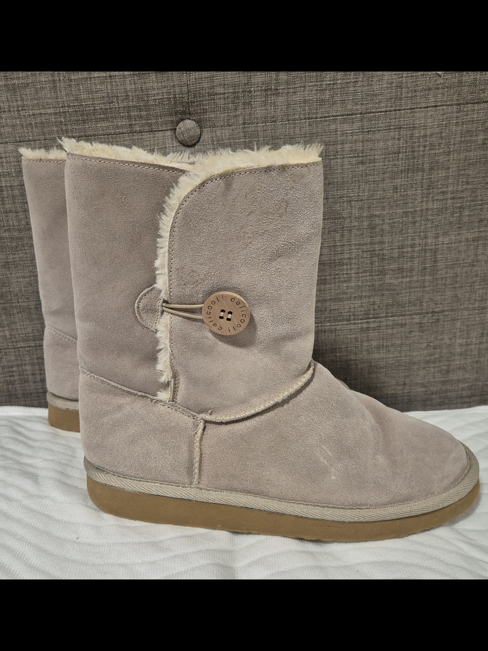 Women's Beige Suede Button-Accent Winter Boots